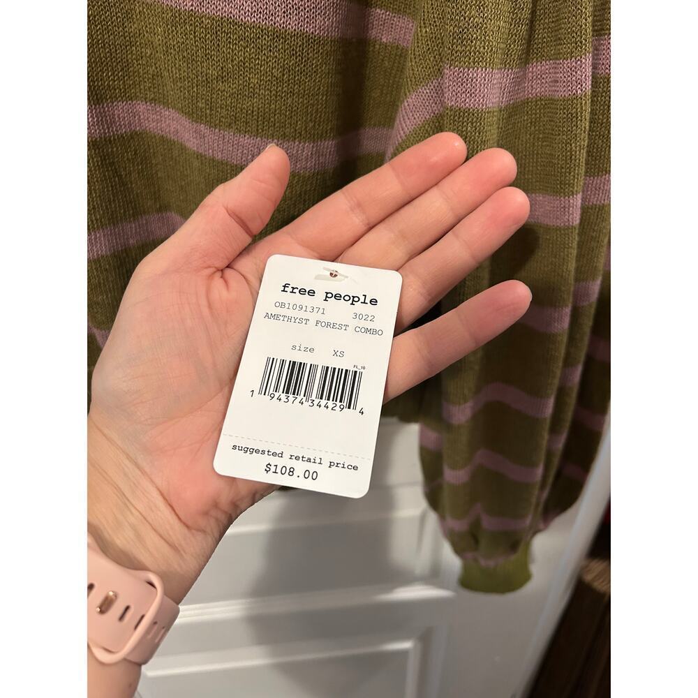 Free People Olive and Pink Striped Long Sleeve Pullover Stretchy Soft Boho - Picture 6 of 8